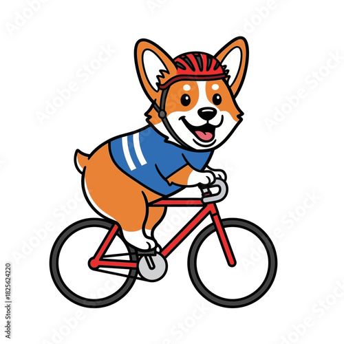 Cute cartoon corgi dog wearing a helmet and riding a bicycle.