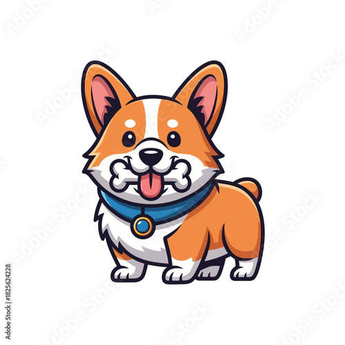 Cute cartoon corgi puppy holding a bone in its mouth.