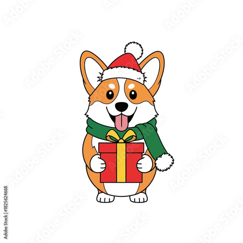 Cute Corgi dog wearing a Santa hat and holding a Christmas gift.