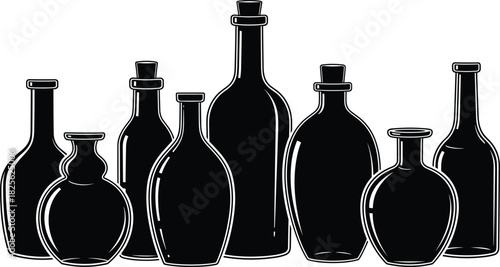 Black silhouette bottles, vintage glass container shapes, stylized packaging design, minimal vector art, reflective highlights, flat vector illustration