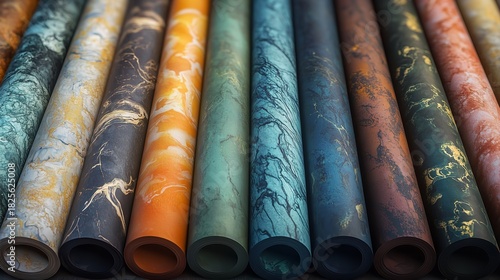 A collection of rolled up marbled paper in various colors and patterns, displayed in a row