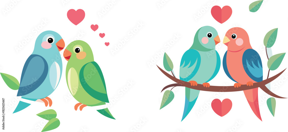 Naklejka premium Lovebirds' Embrace: Two pairs of vibrant lovebirds sharing intimate moments on a branch, adorned with hearts, expressing affection and companionship.