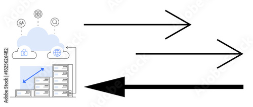Data flow illustration. Data flow ed by arrows and cloud storage icons, information transfer and connectivity. Data flow in technology, networking, cloud storage, systems, and processes