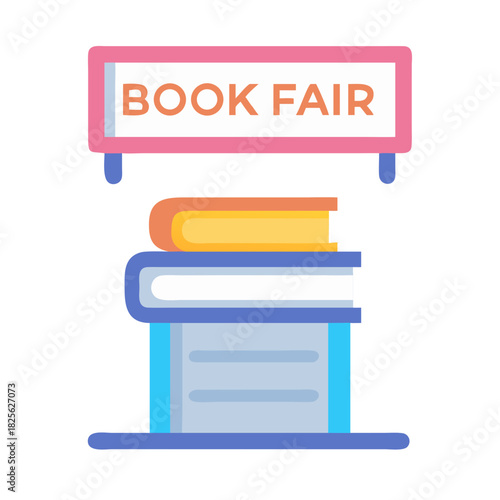Stylized book fair announcement atop stacked books illustration