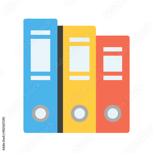 Three ring binders in blue, yellow, and coral color