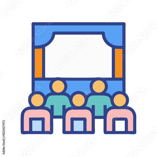 Graphic of audience members watching theatre performance with blank screen