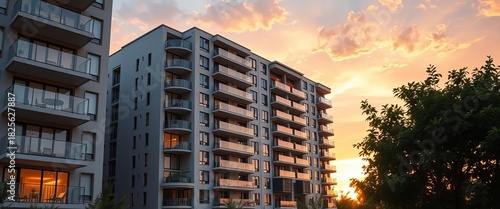 Modern luxury apartment building exterior at sunset, investment, skyscraper