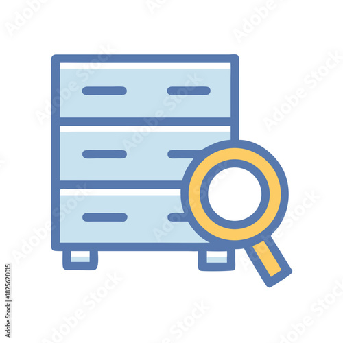 Data search illustration showing filing cabinet and magnifying glass