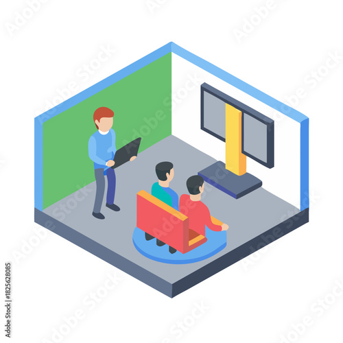 Isometric illustration of people in a virtual reality room