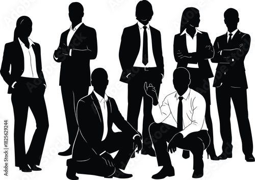 Silhouette of confident business team, vector illustration of corporate group standing and crouching, men and women professionals in suits, isolated