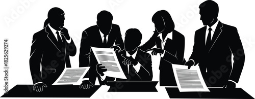 Silhouette of corporate business team analyzing documents, discussing financial reports, reviewing contract strategy, and collaborating in professional office meeting