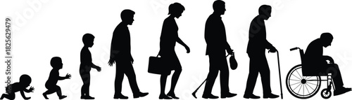 Silhouette of human life cycle stages, from baby to elderly person in wheelchair, aging concept, vector illustration
