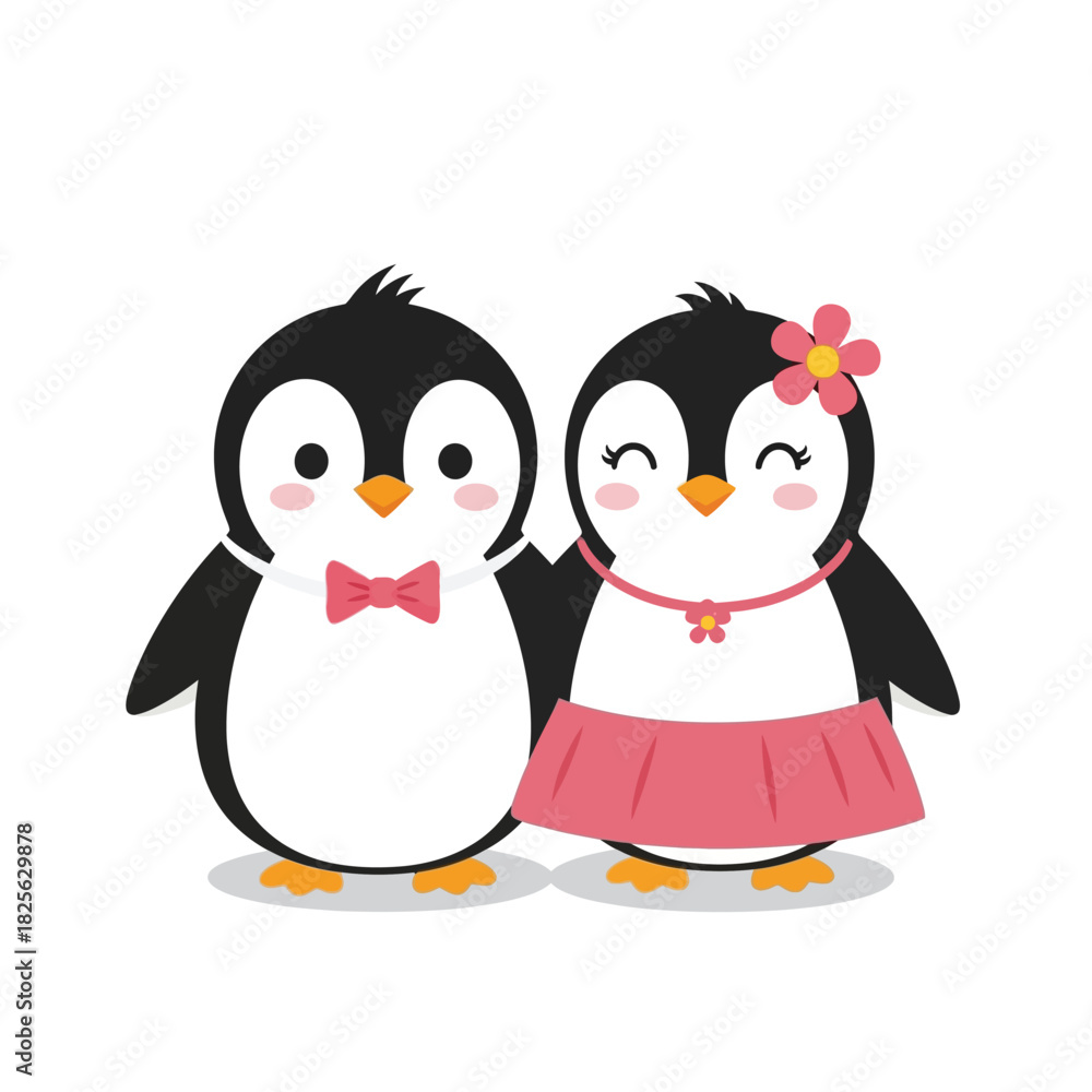 Naklejka premium Charming Penguin Couple in Love - A Delightful Cartoon Illustration.