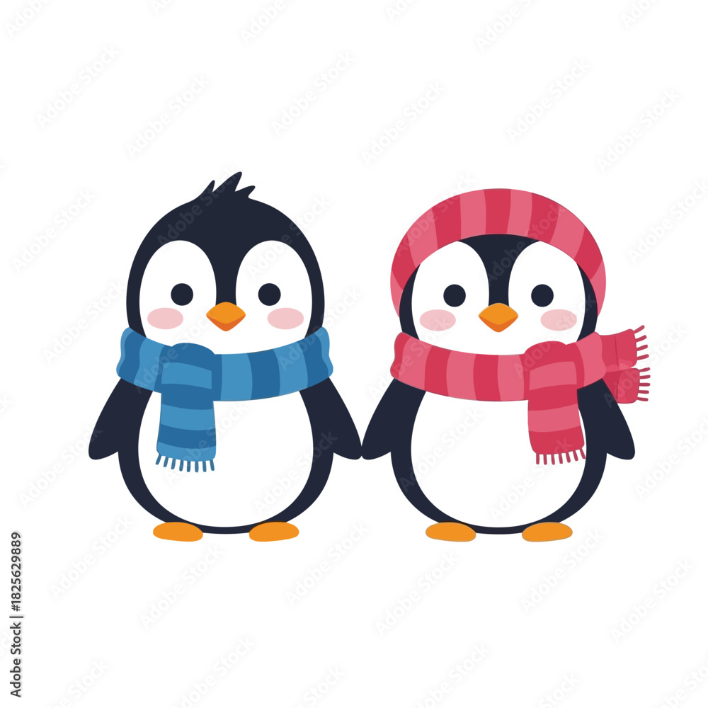 Naklejka premium Cute cartoon penguins wearing winter scarves and hats.