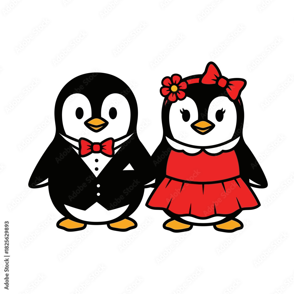 Obraz premium Cute Cartoon Penguins Dressed for a Formal Event.