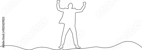 Celebrate business triumphs with this minimalist line art of a victorious entrepreneur standing tall, perfect for illustrating success, achievement, and overcoming challenges
