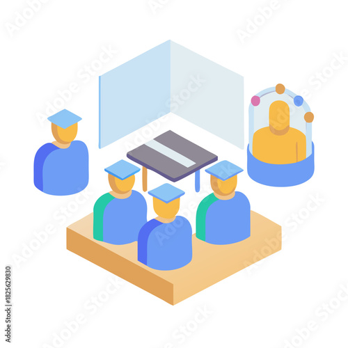 Isometric view of graduating students with professor in online classroom