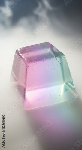 Translucent geometric object displays soft pastel colors surrounded by mist