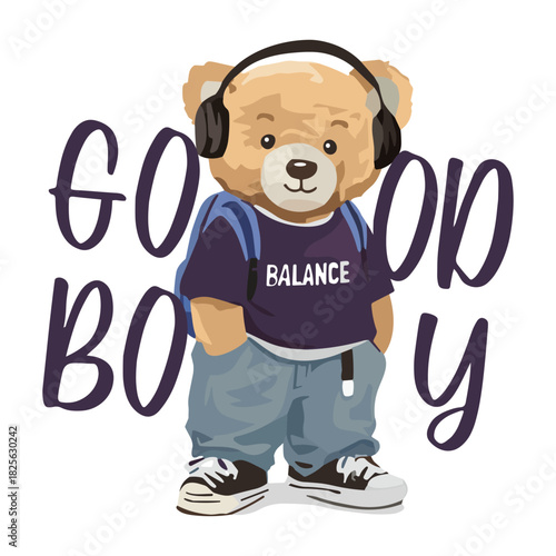 Cool teddy bear mascot standing with hands in pockets, featuring