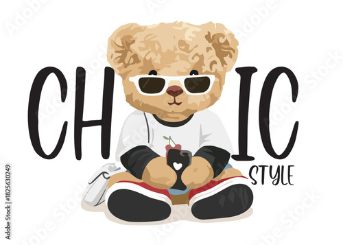 Fashionable teddy bear mascot sitting and wearing sunglasses with
