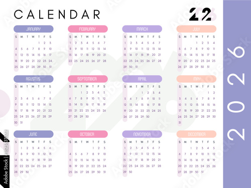 Calendar 2026 office table for printing or wallpaper. Modern calendar. Horizontal calendar 2026