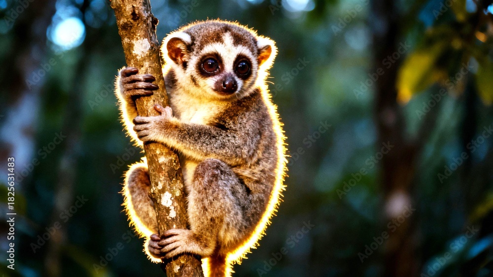 Obraz premium Premium wildlife shot of a Javan slow loris illuminated by soft dusk lighting.