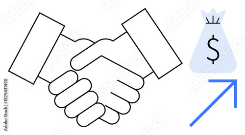 Two hands shaking beside a money bag and upward arrow, symbolizing business deals, financial success, collaboration, and economic growth. Ideal for teamwork, negotiation, investment