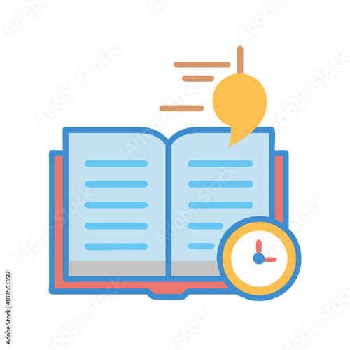 Open book with clock and abstract speech bubble symbol