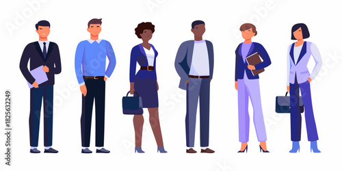 Diverse group of business professionals standing together in flat vector illustration