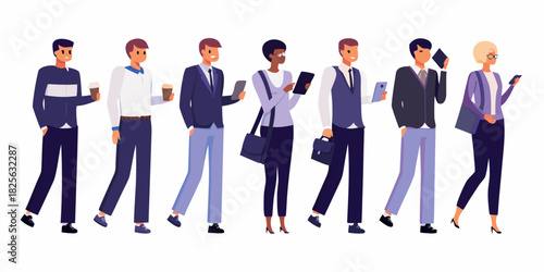 Diverse group of business people walking with mobile devices and coffee