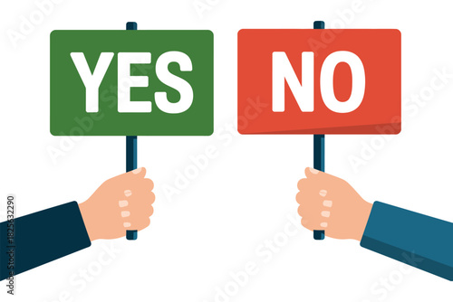 Hands holding green Yes and red No signs, representing choice, decision making, voting, feedback, positive versus negative, true or false dilemma, survey, poll, and user response vector illustration