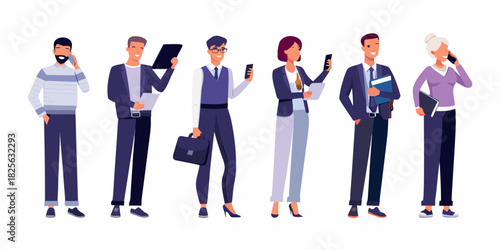 Diverse group of business people standing together holding phones and documents