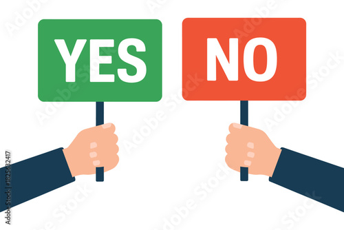 Hands holding green Yes and red No signs, symbolizing choice, decision making, voting, feedback, positive versus negative, true or false dilemma, and survey or poll vector illustration for creative 