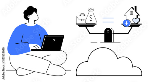 Financial balance concept. Financial decisions involve balancing work, money, and lifestyle priorities. Financial management helps achieve goals. For finance, decision making, investments, education