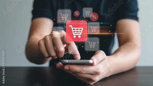 Person interacts with digital overlay featuring shopping cart icons on a mobile device screen