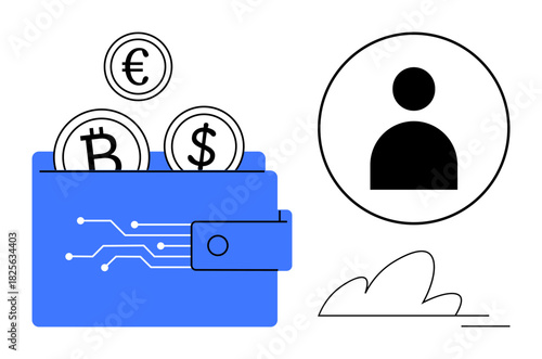 Blue wallet with Bitcoin, Euro, and Dollar coins, user profile icon, cloud motif. Ideal for fintech, blockchain, cryptocurrency trading, online transactions e-wallets digital identity finance