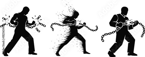 Set of man silhouettes breaking chains, freedom concept, liberation, strength, power, revolution, overcoming obstacles, financial independence, vector illustration