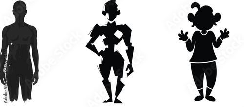 Set of three human silhouettes, realistic muscle, abstract geometric, and cute cartoon character styles, isolated vector illustration.