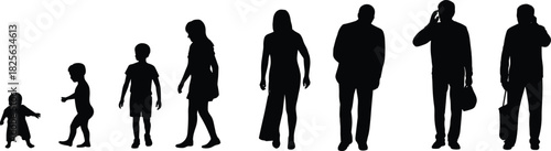 Silhouette collection of human life cycle stages from baby to adult, aging process, generation growth, and development concept