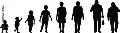 Silhouette collection of human male growing up, illustrating life cycle stages from infant to elderly man, isolated on white