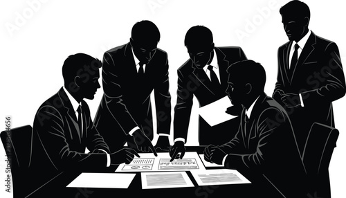 Silhouette of business meeting, corporate team analyzing documents and charts at table, strategy concept, vector illustration