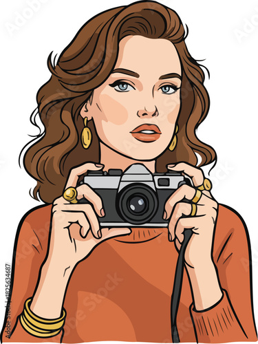 A beautiful woman with vintage analog camera vector illustration