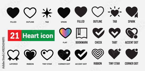Collection of 21 black heart icons in filled, outline, tab, spark, and various other styles