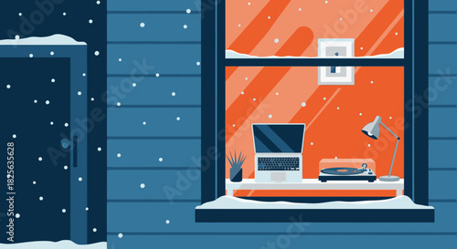 A cozy, warm interior with a laptop and turntable is visible through a snow-covered window, illustrating a serene winter evening indoors.