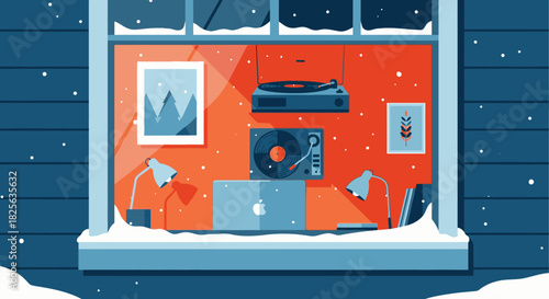 A cozy, modern home office or leisure space is viewed through a snow-covered window, depicting a serene winter day indoors with music and work.