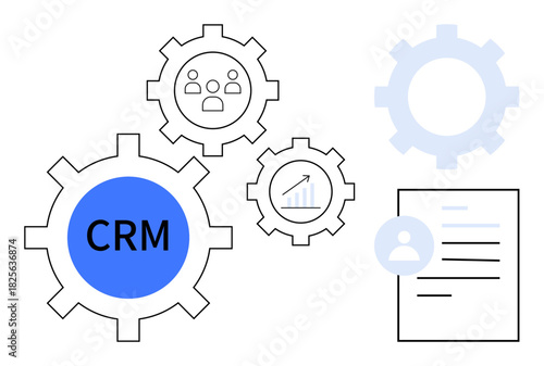 Connected gears with CRM label, user icon, graph, and document visually representing team collaboration, analytics, automation, customer relationships, marketing strategy, workflow optimization