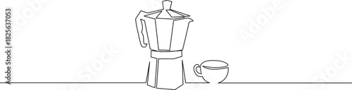 Minimalist line art of Italian moka pot and coffee cup for modern cafe branding and product design, perfect for coffee lovers and stylish kitchen decor