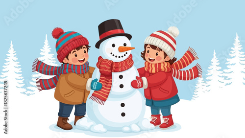 Adorable cartoon illustration of a boy and girl building a snowman together in a snowy winter landscape