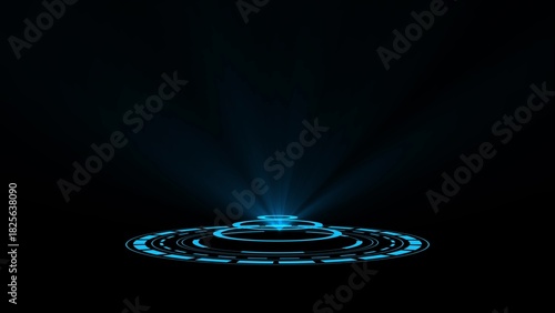 Blue futuristic circular interface emitting light beams against black background abstract circle