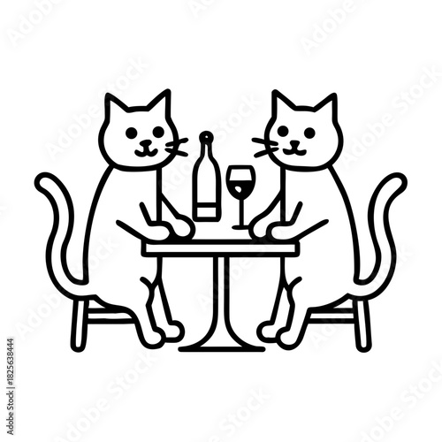 two cats sitting at the table and drinking wine, in one-line drawing, figure outline only, single line, simple, in the style of one-line, single line drawing, black line on white ... See More
